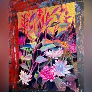 Original floral Painting Vibrant Flower art ladybugs garden decor Gold ascents